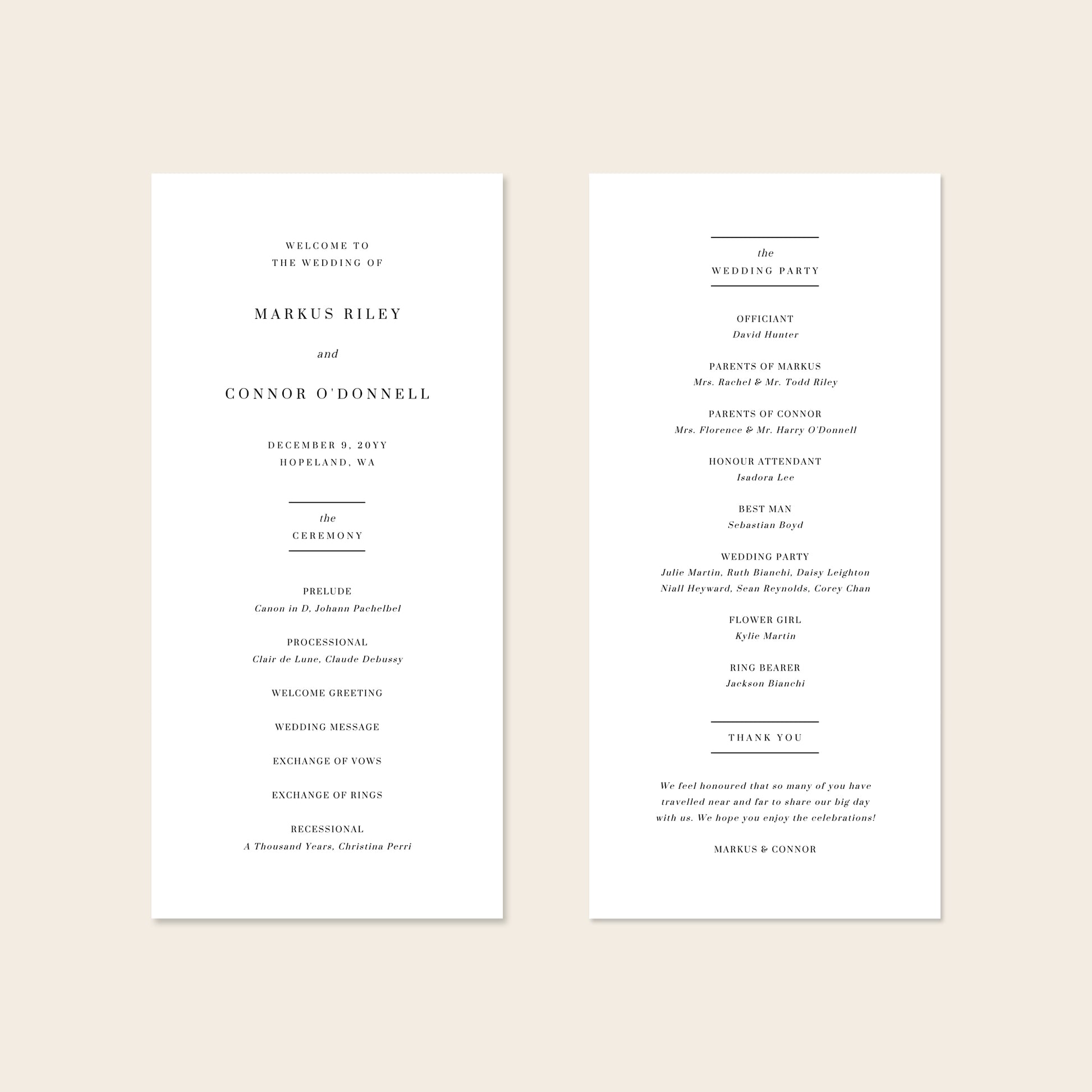 A digital mockup showing the front and back of a DL-sized wedding program template against a plain neutral backdrop.