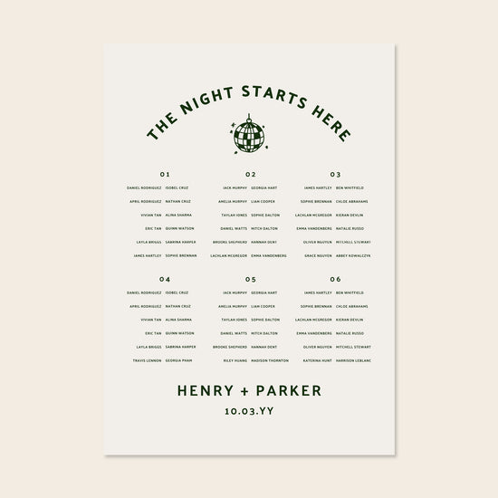 Printable 6-table wedding seating chart template design with names on a beige background.
