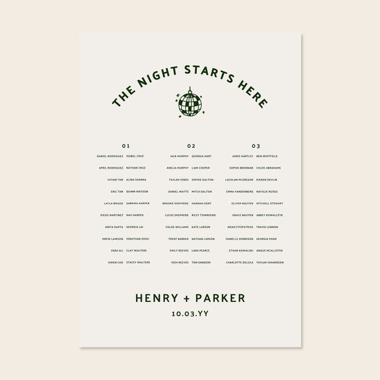 Printable 3-table wedding seating chart template design with names on a beige background.