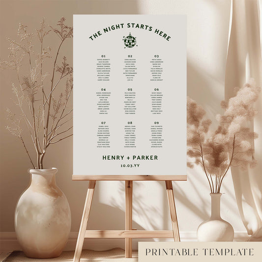 Printable wedding seating plan sign template featuring a bold disco ball icon and curved retro typography, styled on an easel with soft floral arrangements in a neutral room setting.