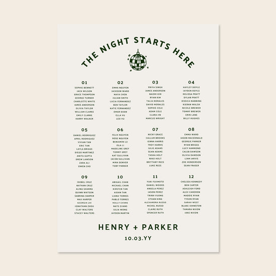 Printable 12-table wedding seating chart template design with names on a beige background.