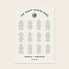 Printable 12-table wedding seating chart template design with names on a beige background.