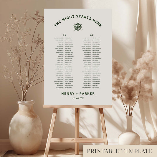 Printable wedding seating plan sign template featuring a bold disco ball icon and curved retro typography, styled on an easel with soft floral arrangements in a neutral room setting.