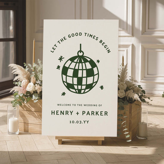 Wedding welcome sign template with nostalgic disco-inspired design, styled with florals and candles in a softly lit interior space.