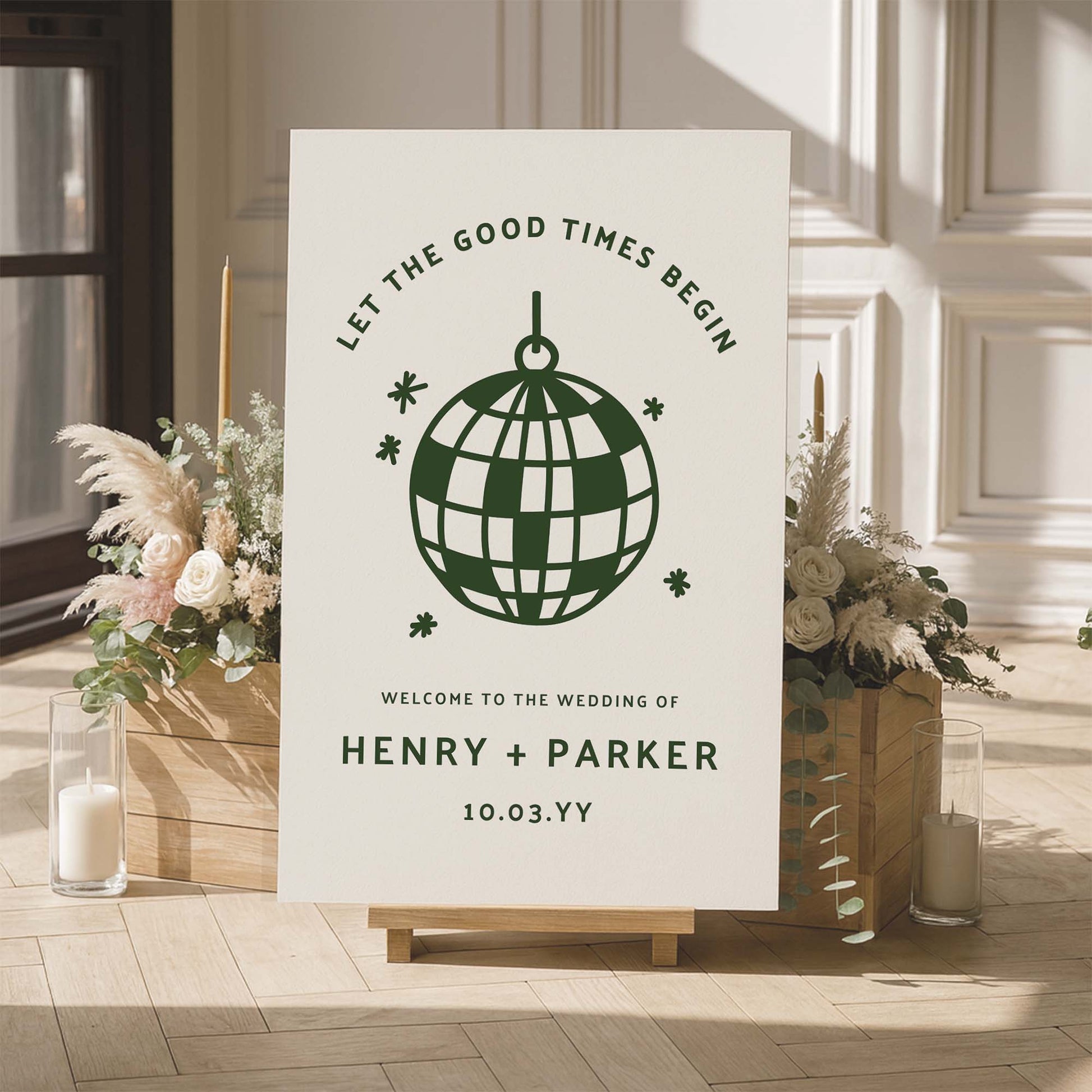 Wedding welcome sign template with nostalgic disco-inspired design, styled with florals and candles in a softly lit interior space.