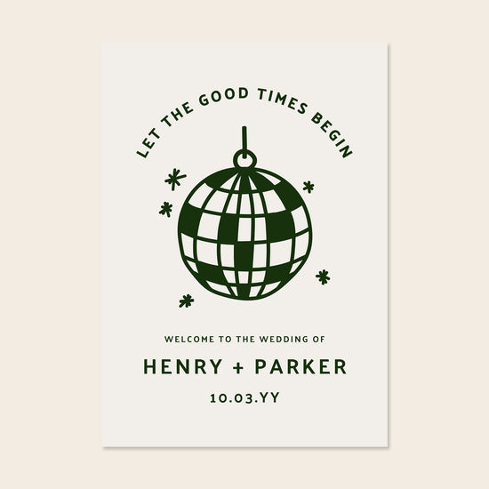 Welcome sign template design shown on a beige background, highlighting the bold disco ball illustration and relaxed retro typography.