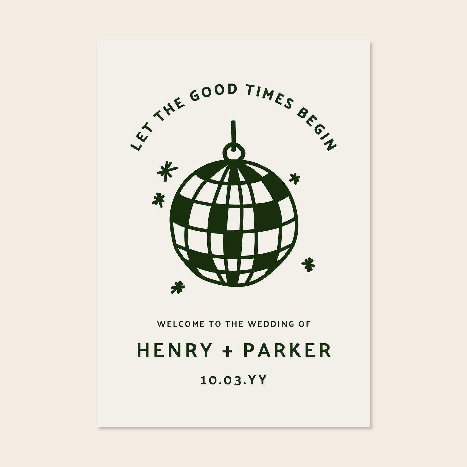 Welcome sign template design shown on a beige background, highlighting the bold disco ball illustration and relaxed retro typography.