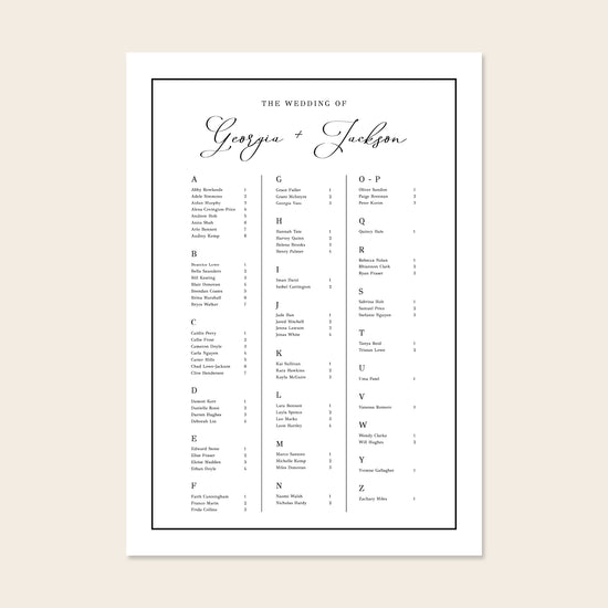 Wedding alphabetical table seating plan template design on a beige background.