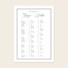Wedding alphabetical table seating plan template design on a beige background.