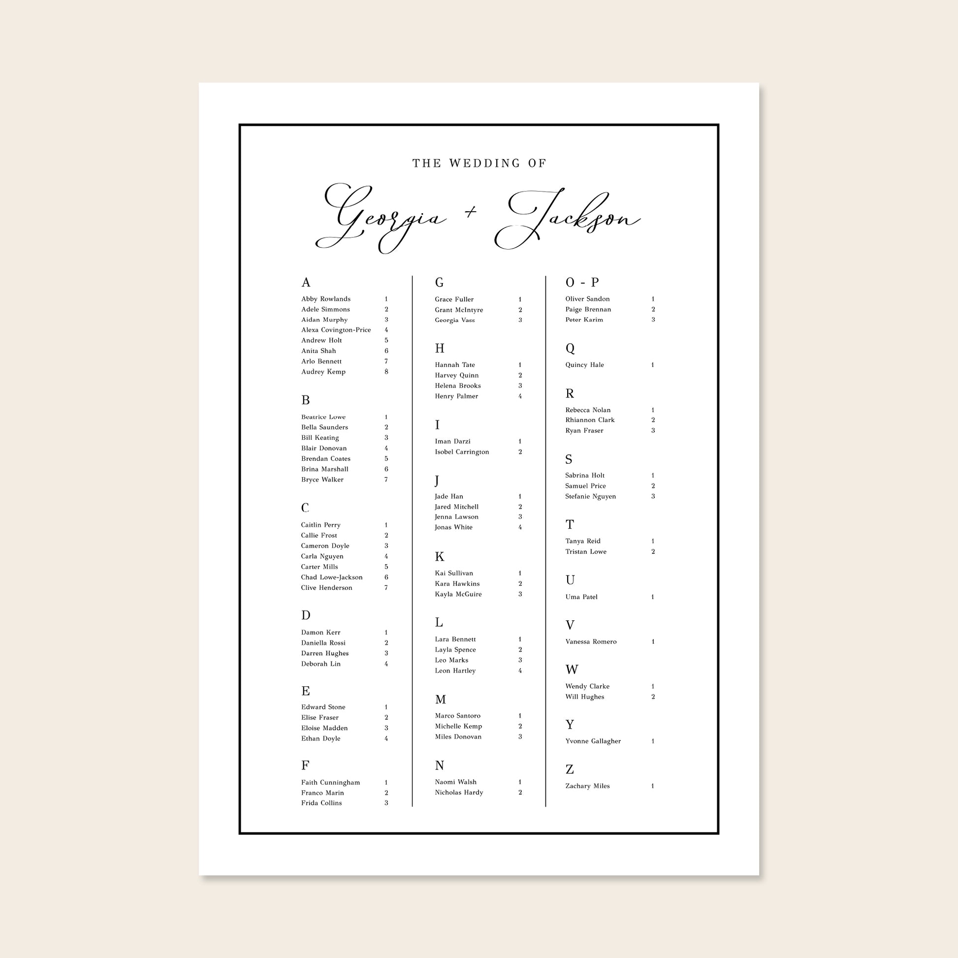 Wedding alphabetical table seating plan template design on a beige background.