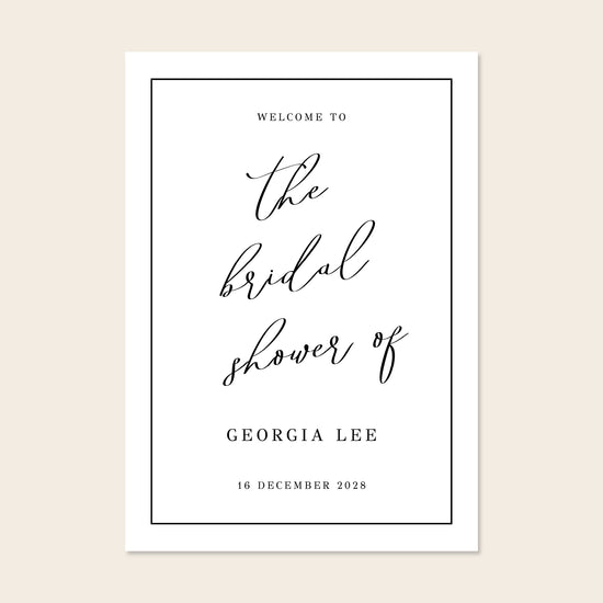 Printable bridal shower welcome sign on a beige background.