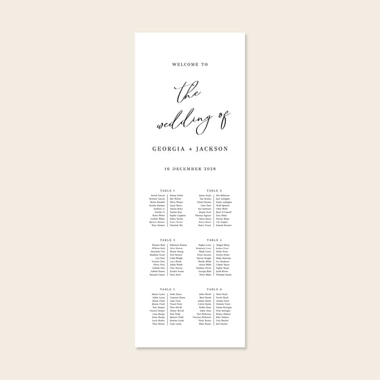 Vertical white fabric sign template on a beige background.