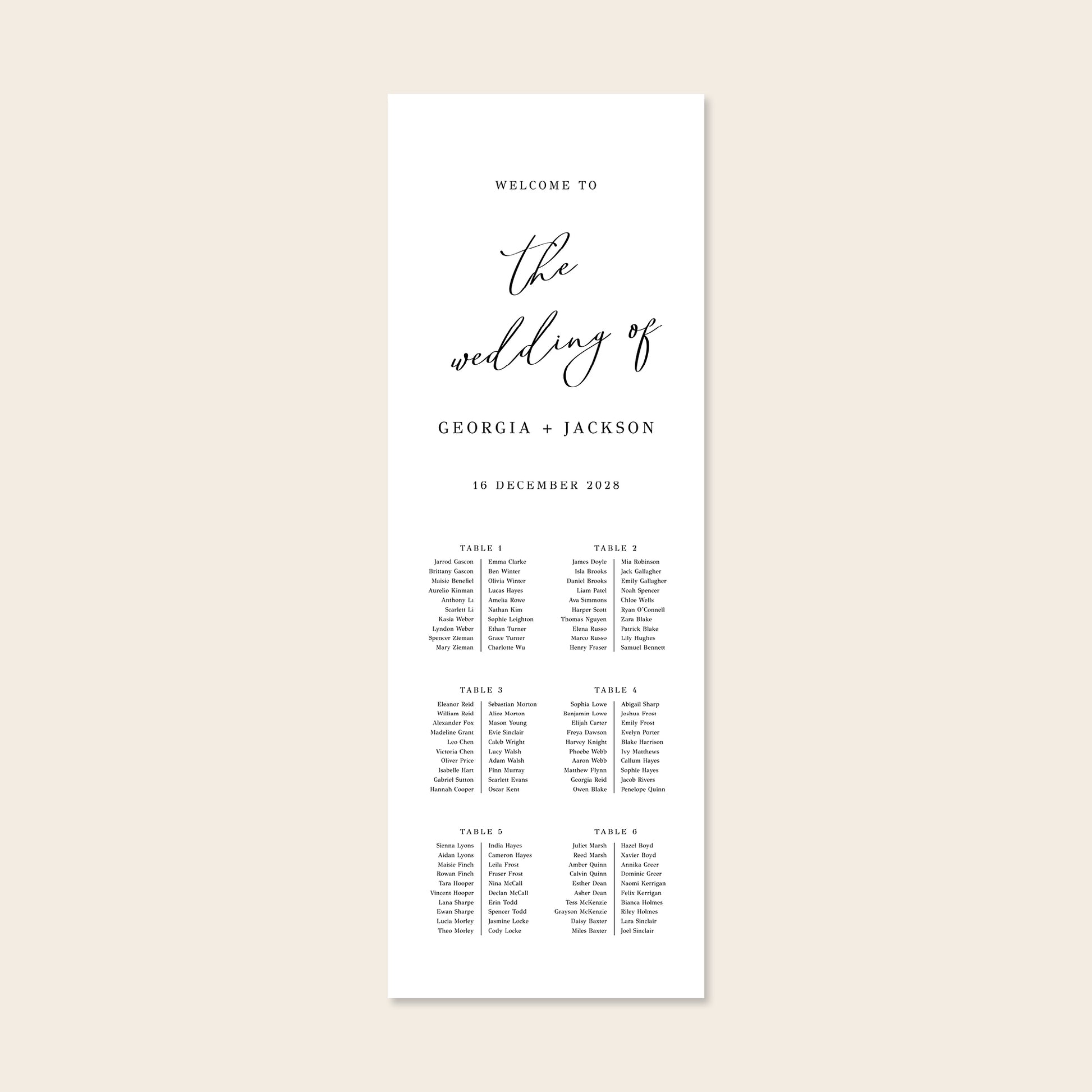 Vertical white fabric sign template on a beige background.