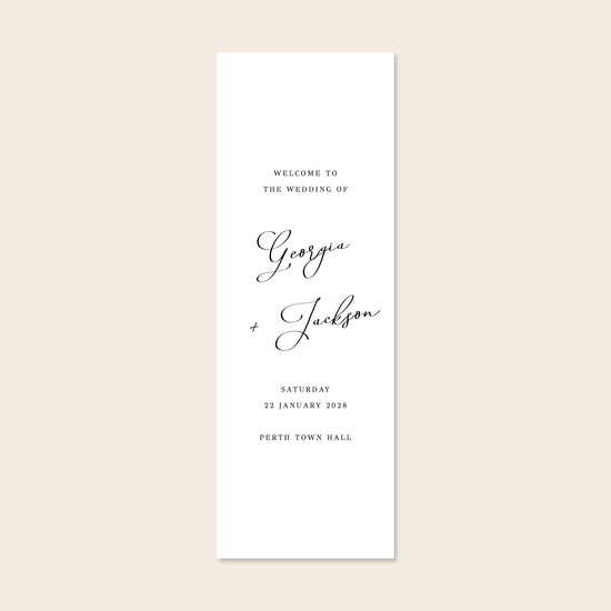 Vertical white fabric sign template on a beige background.
