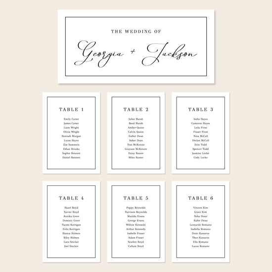 Printable seating chart cards template design with names and title on a beige background.