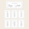 Printable seating chart cards template design with names and title on a beige background.