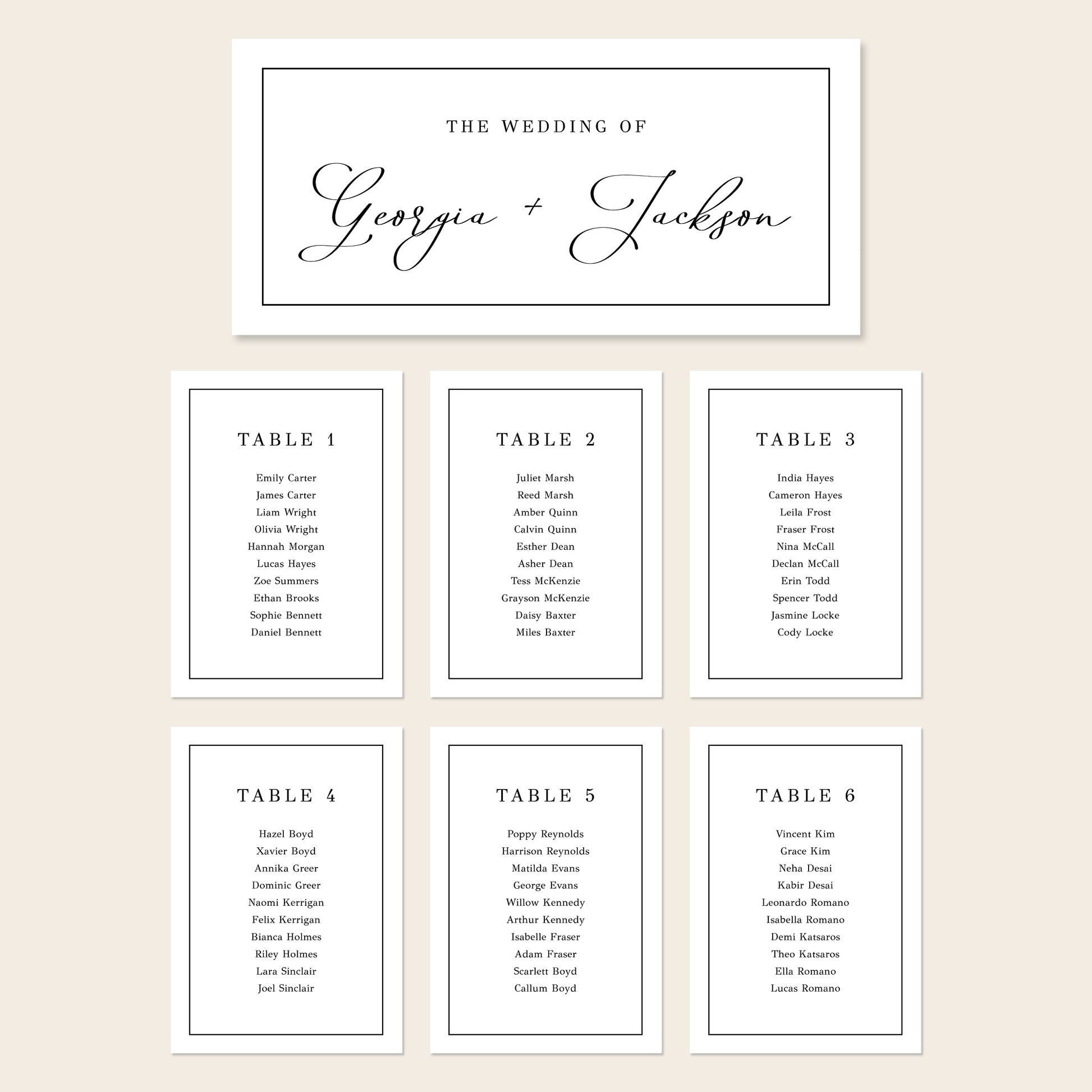 Printable seating chart cards template design with names and title on a beige background.