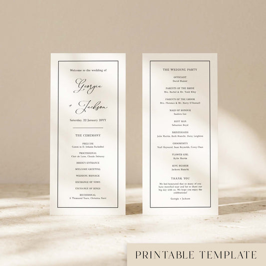 Two DL-sized wedding program cards standing upright on a textured surface with soft natural light creating shadows across the background.