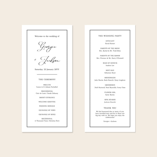 A digital mockup showing the front and back of a DL-sized wedding program template against a plain neutral backdrop.