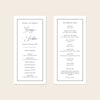 A digital mockup showing the front and back of a DL-sized wedding program template against a plain neutral backdrop.