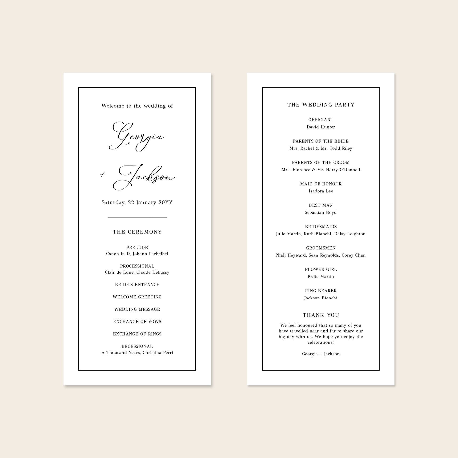 A digital mockup showing the front and back of a DL-sized wedding program template against a plain neutral backdrop.