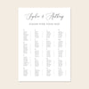 Wedding alphabetical table seating plan template design on a beige background.