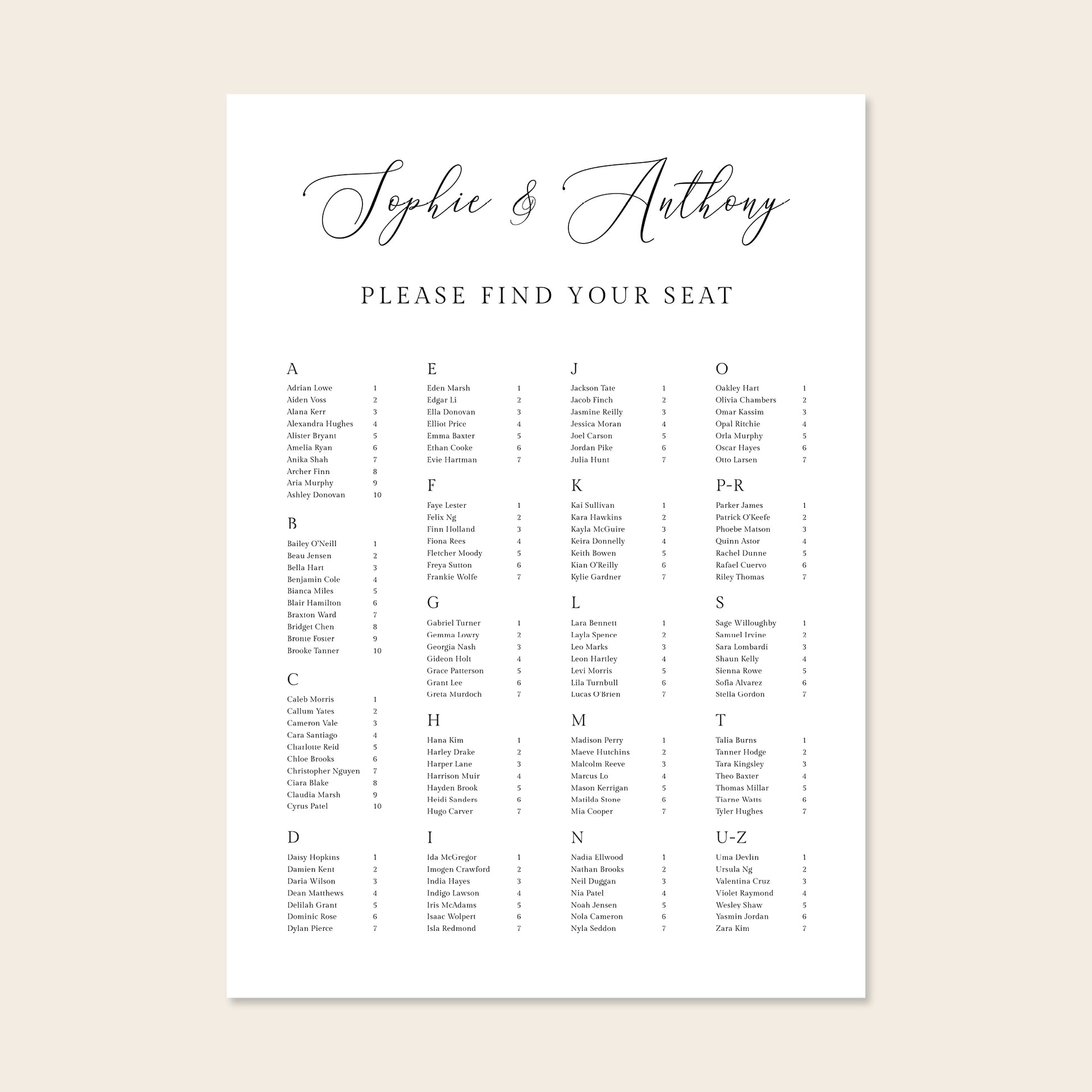 Wedding alphabetical table seating plan template design on a beige background.