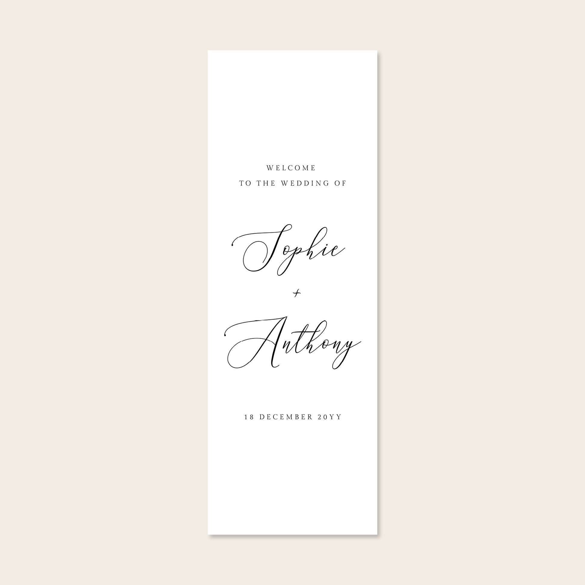Wedding fabric welcome sign template on a beige background.