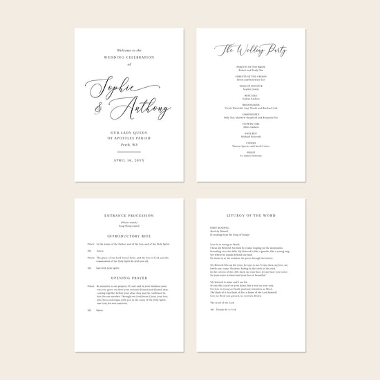 Four A5 wedding Mass ceremony booklet pages shown together, including the cover and interior layouts.