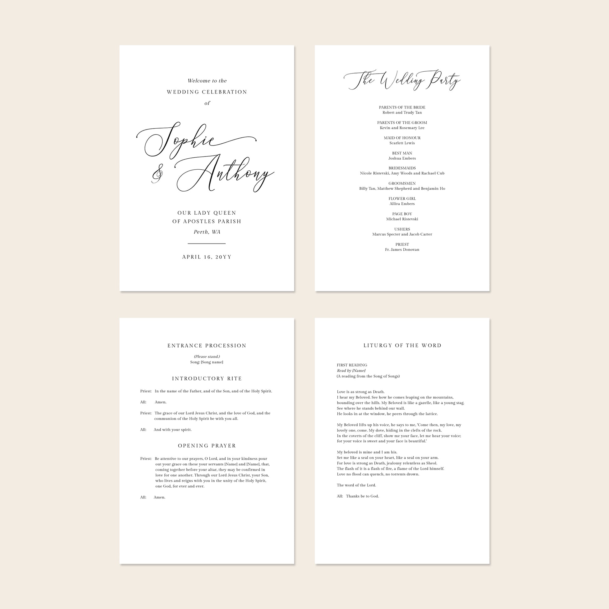 Four A5 wedding Mass ceremony booklet pages shown together, including the cover and interior layouts.