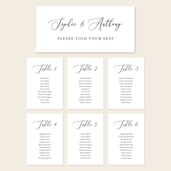 Printable seating chart cards template design with names and title on a beige background.