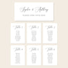 Printable seating chart cards template design with names and title on a beige background.
