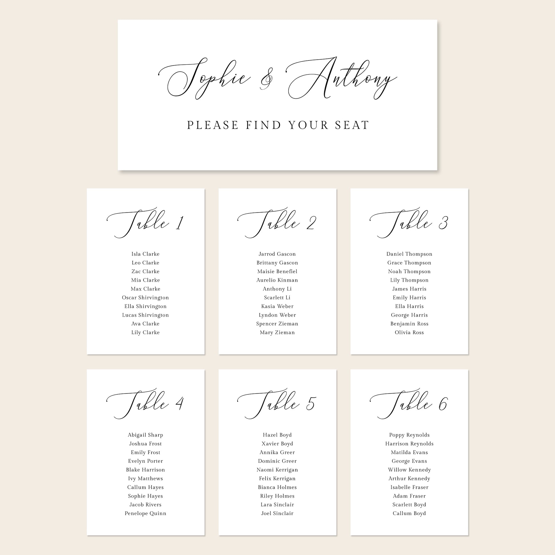 Printable seating chart cards template design with names and title on a beige background.