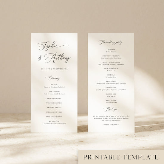 Two DL-sized wedding program cards standing upright on a textured surface with soft natural light creating shadows across the background.