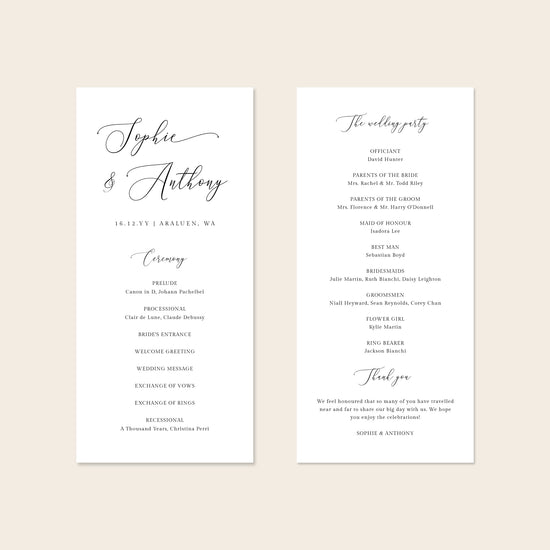A digital mockup showing the front and back of a DL-sized wedding program template against a plain neutral backdrop.