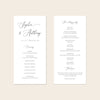 A digital mockup showing the front and back of a DL-sized wedding program template against a plain neutral backdrop.