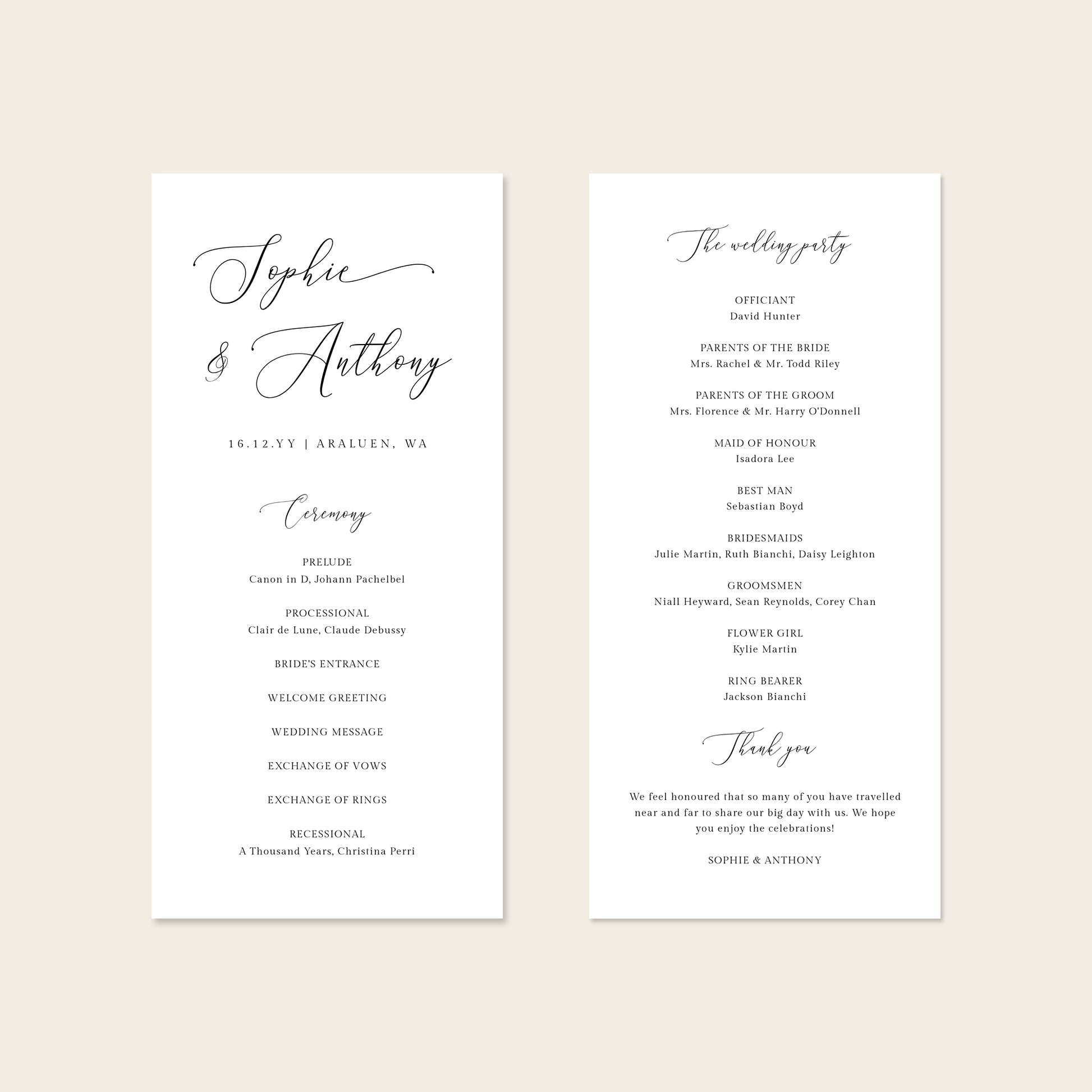 A digital mockup showing the front and back of a DL-sized wedding program template against a plain neutral backdrop.