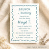 Whimsical hand-drawn bridal shower invitation template on textured card on fabric background.