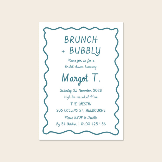 Blue whimsical hand-drawn bridal shower invitation template design on a beige background.