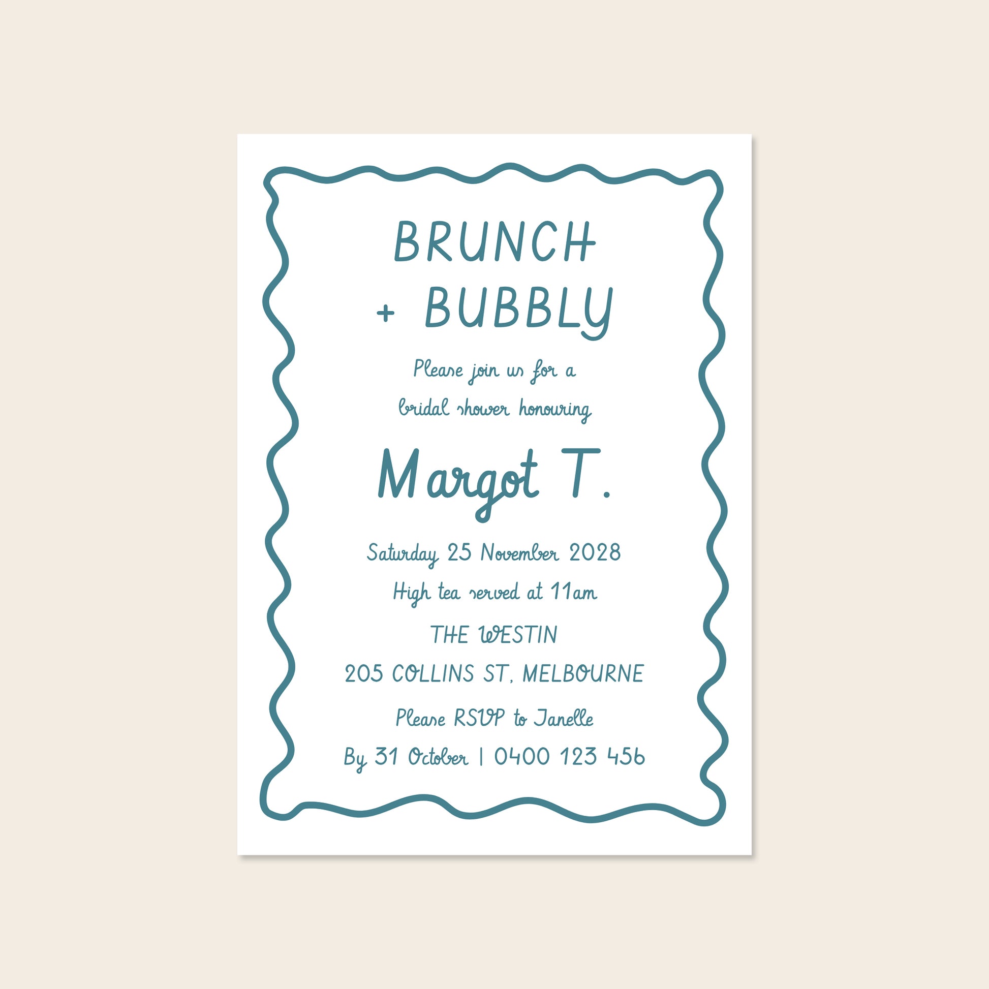 Blue whimsical hand-drawn bridal shower invitation template design on a beige background.