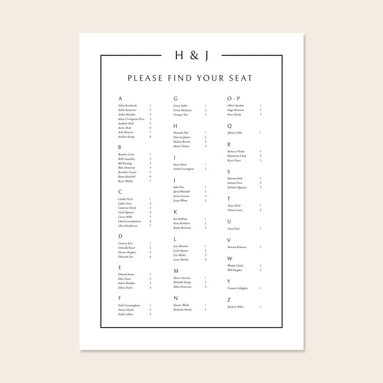 Wedding alphabetical table seating plan template design on a beige background.