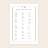 Wedding alphabetical table seating plan template design on a beige background.
