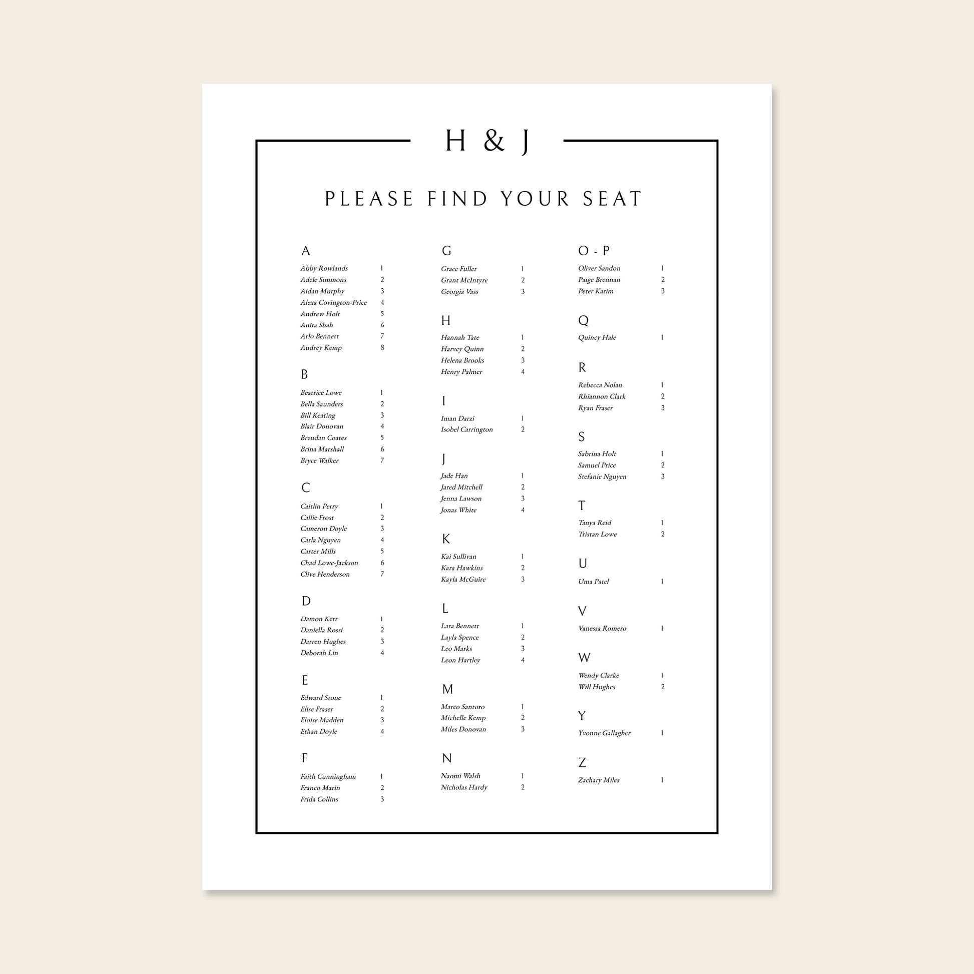 Wedding alphabetical table seating plan template design on a beige background.