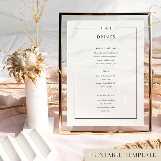 Framed bar menu template with decorative floral elements in a light table setting.
