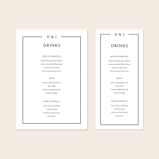 Two wedding bar menu templates, one tall and one wide, displayed on a beige background.
