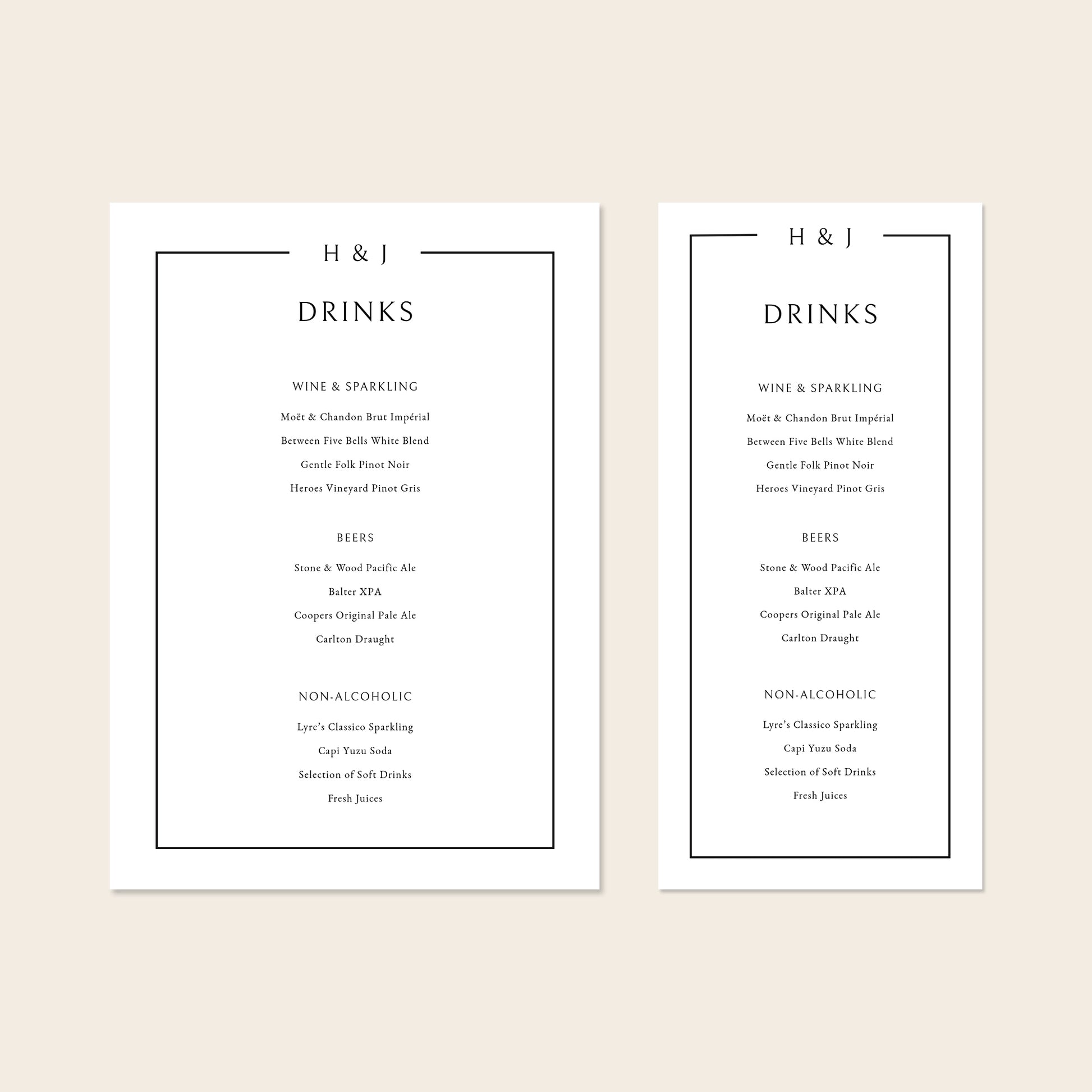 Two wedding bar menu templates, one tall and one wide, displayed on a beige background.
