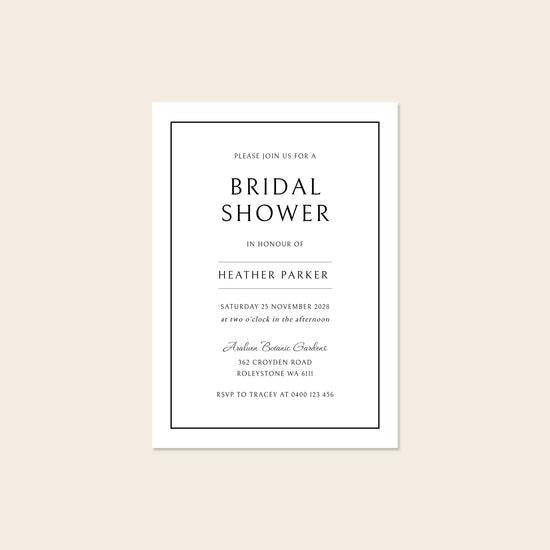 Bridal shower invitation template design on a beige background.