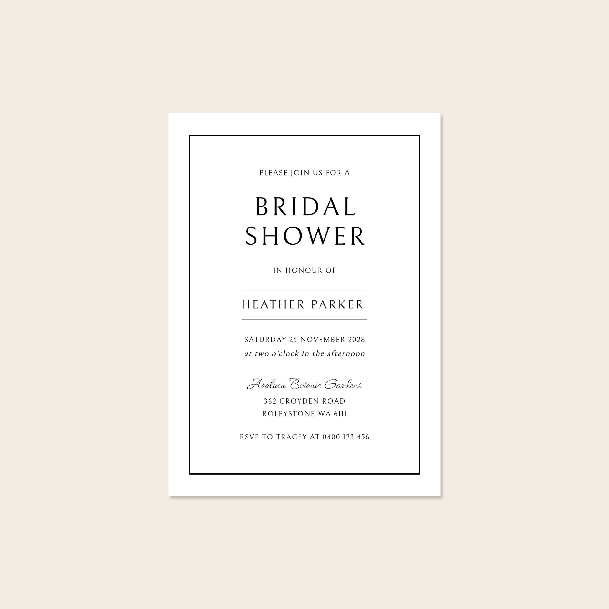 Bridal shower invitation template design on a beige background.