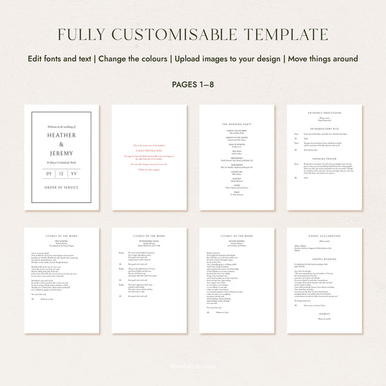Catholic wedding ceremony script pages 1 to 8, A5 layout showing the full opening sequence