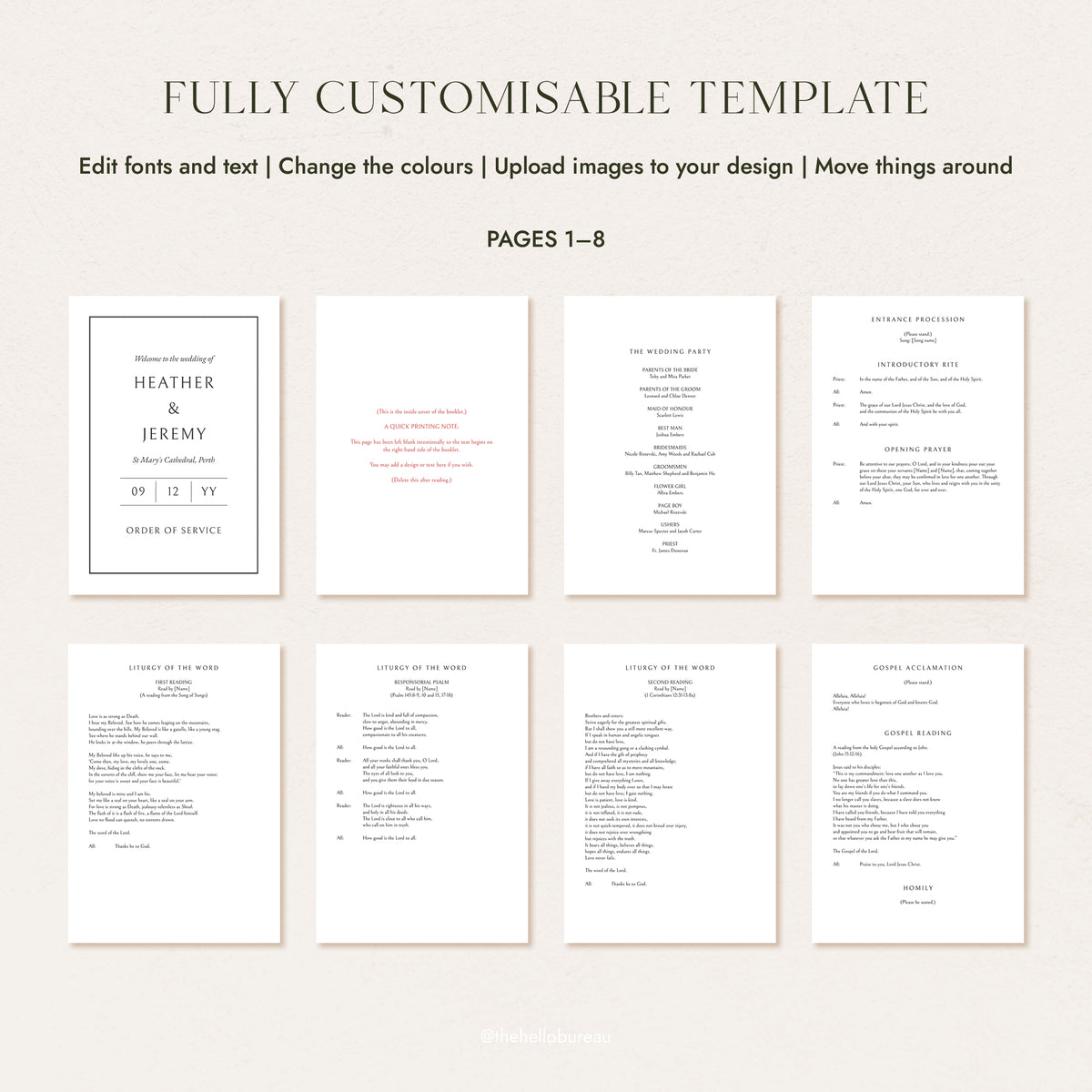 Catholic wedding ceremony script pages 1 to 8, A5 layout showing the full opening sequence